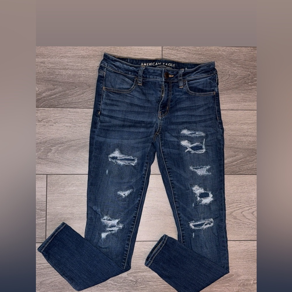 American Eagle Next Level Stretch Denim Jeans Size 6 Distressed Dark Wash